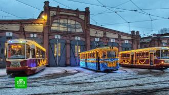 По улицам Петербурга разъезжают новогодние трамваи